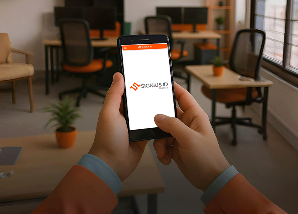 Persona interactuando con la aplicación móvil de Signus ID, demostrando cómo automatizar el control de inventarios, la gestión de activos y la trazabilidad de bienes desde dispositivos móviles.